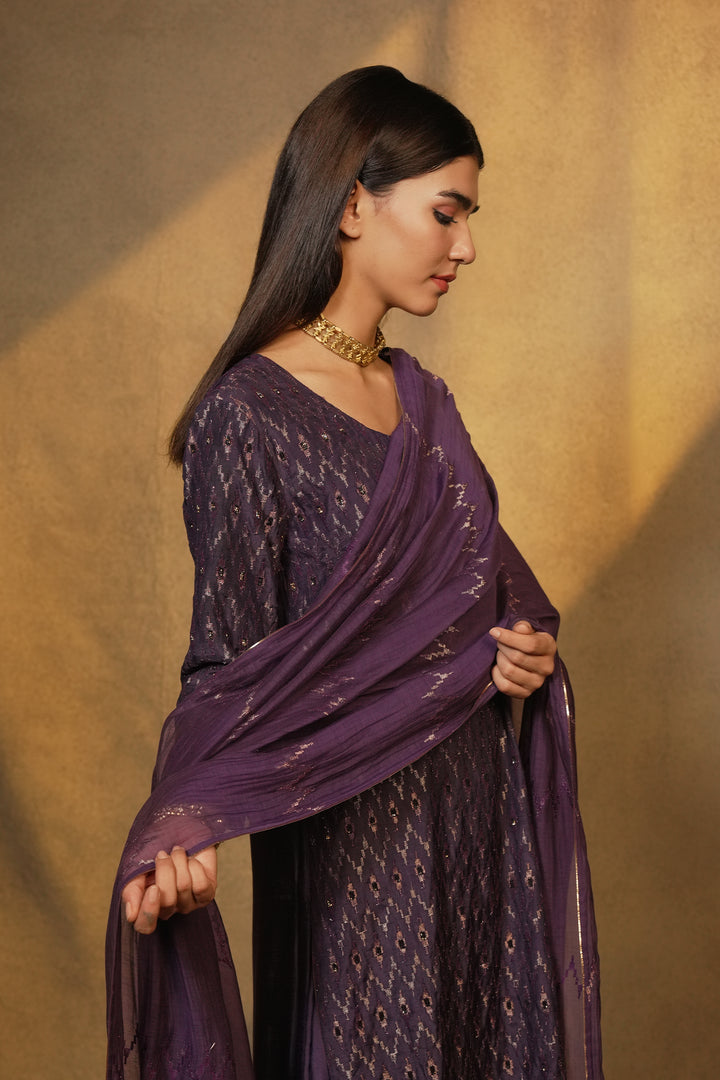 Purple Embroidered Chanderi Dupatta