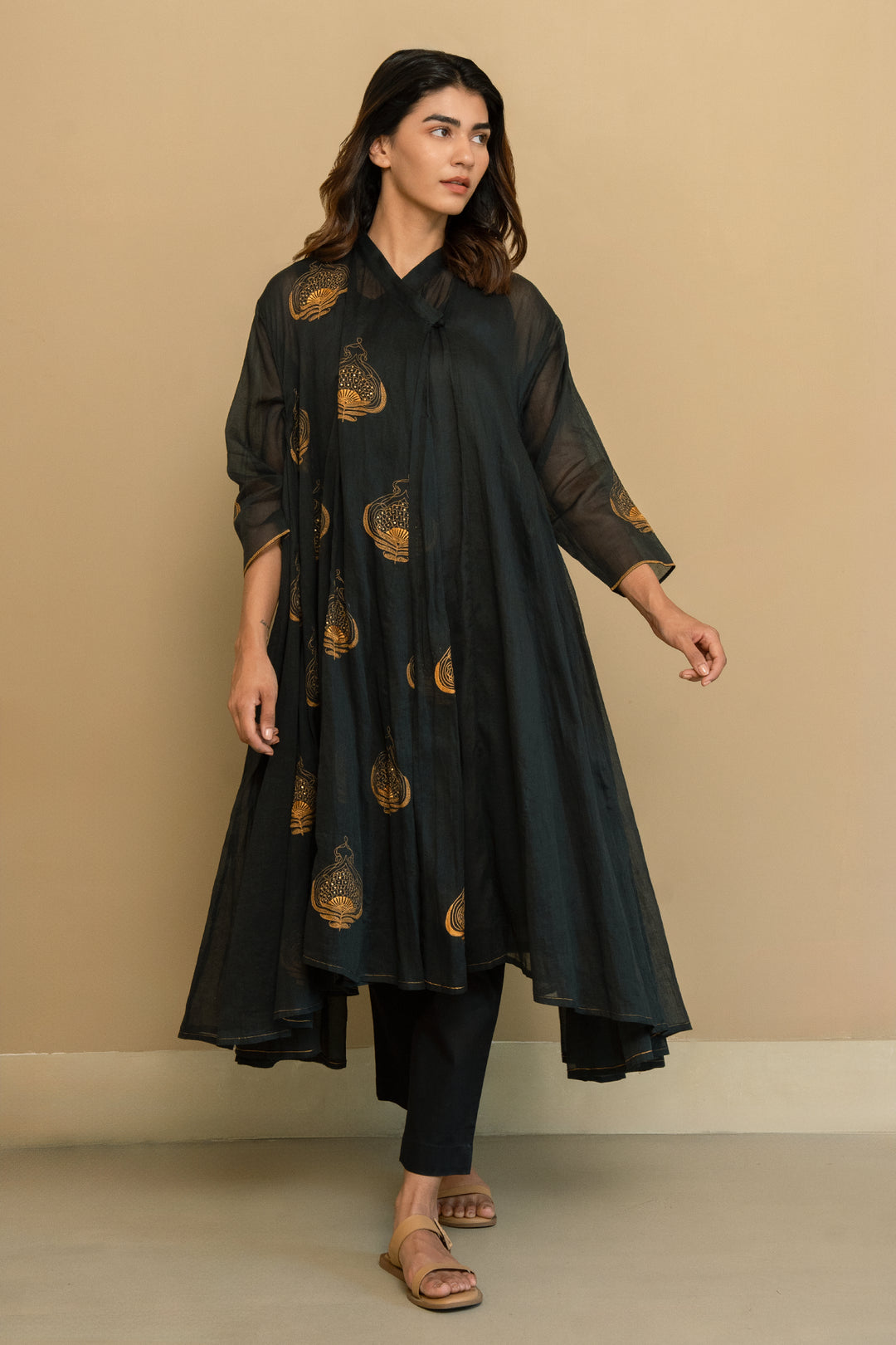 Black Embroidery Fine Cotton Choga