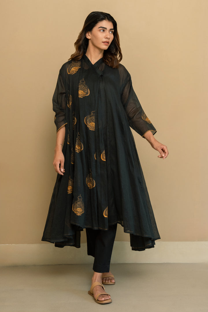 Black Embroidery Fine Cotton Choga