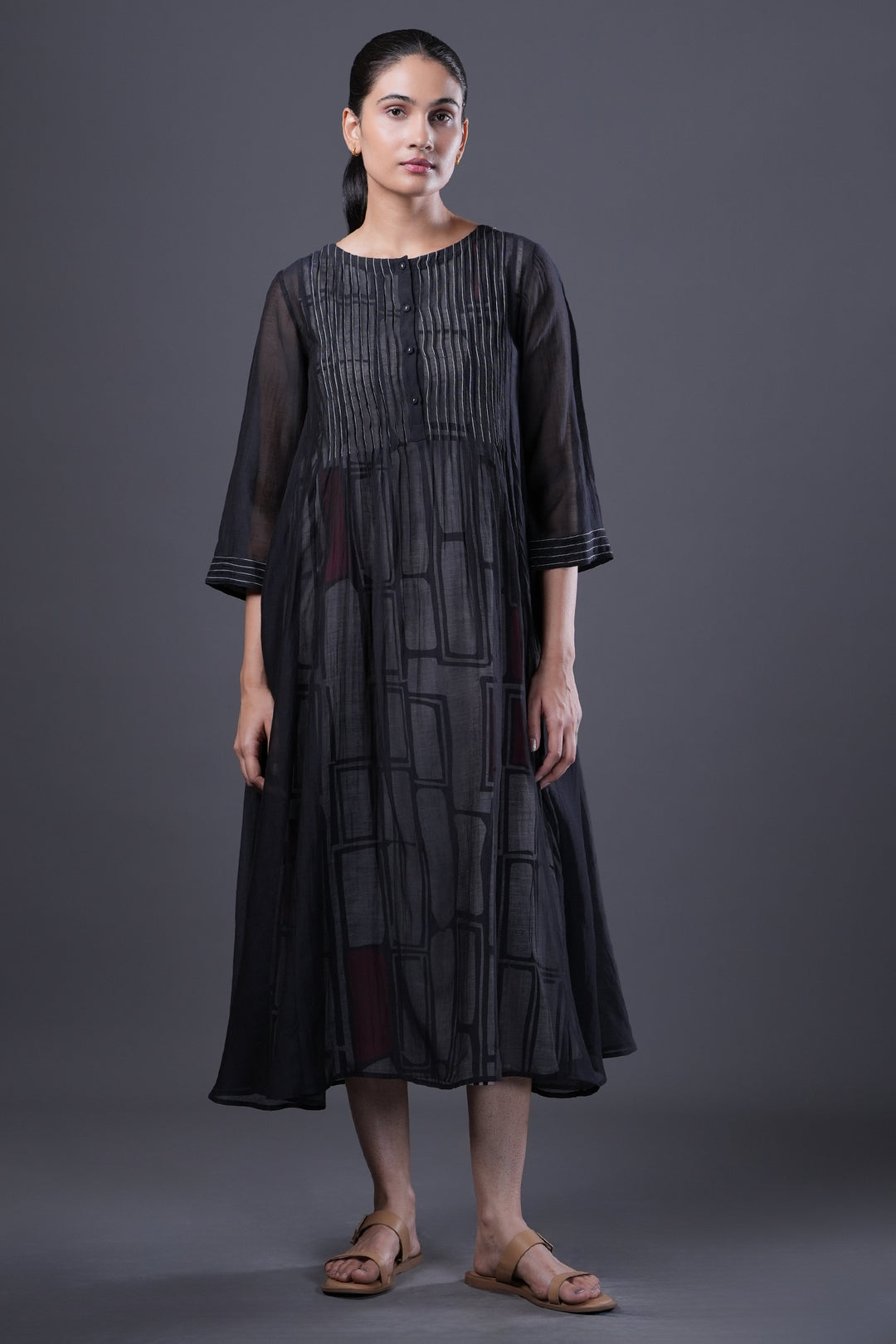 Black Pintucked Chanderi Dress with Geometric Printed Slip