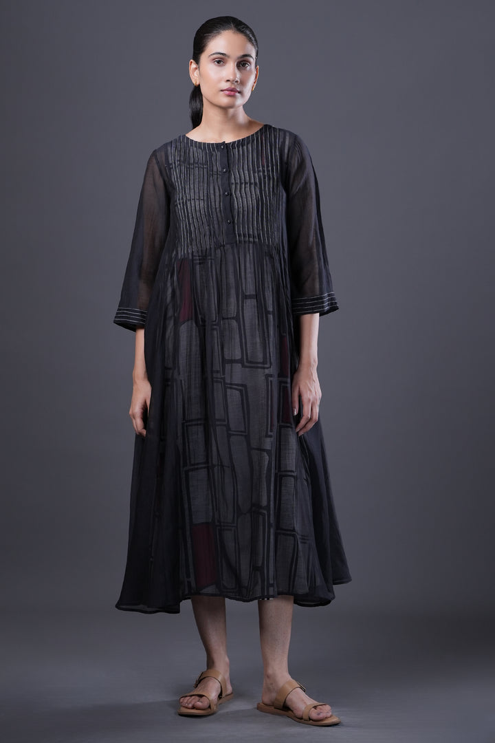 Black Pintucked Chanderi Dress with Geometric Printed Slip