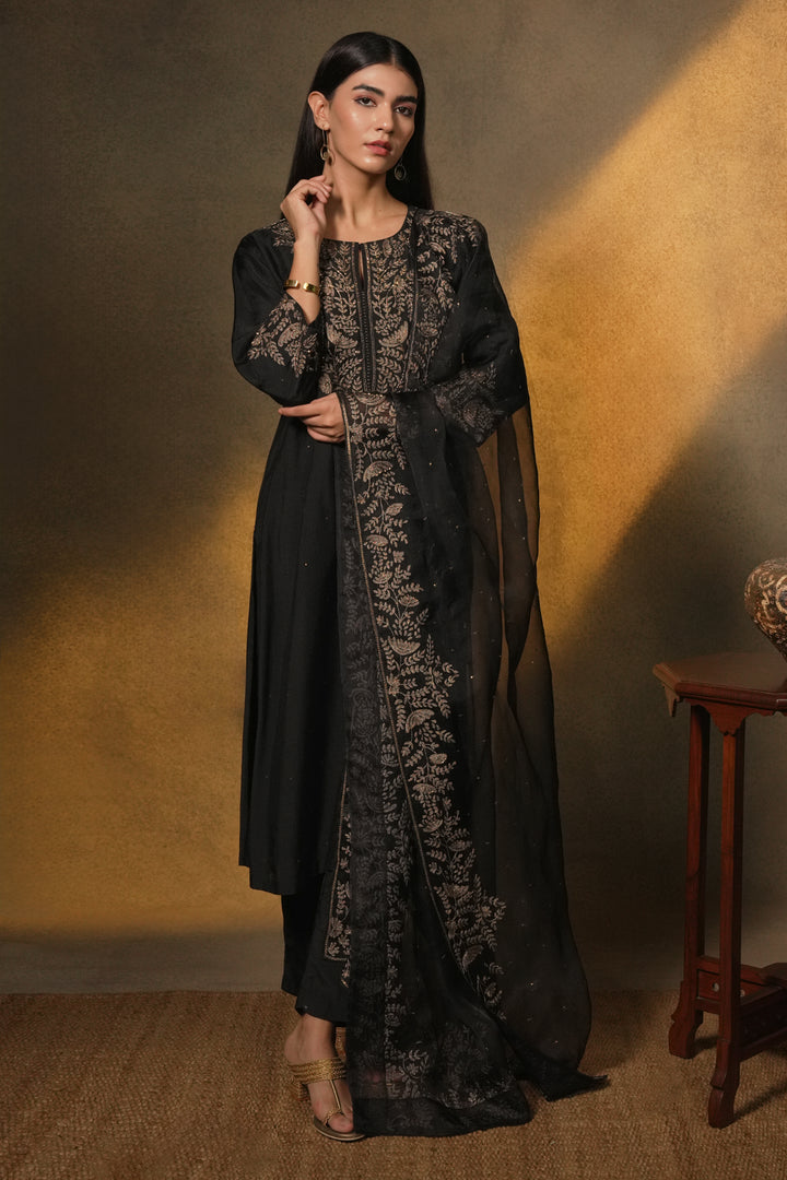 Black Hand Embroidered Cotton Silk Kurta with Pants and Organza Dupatta
