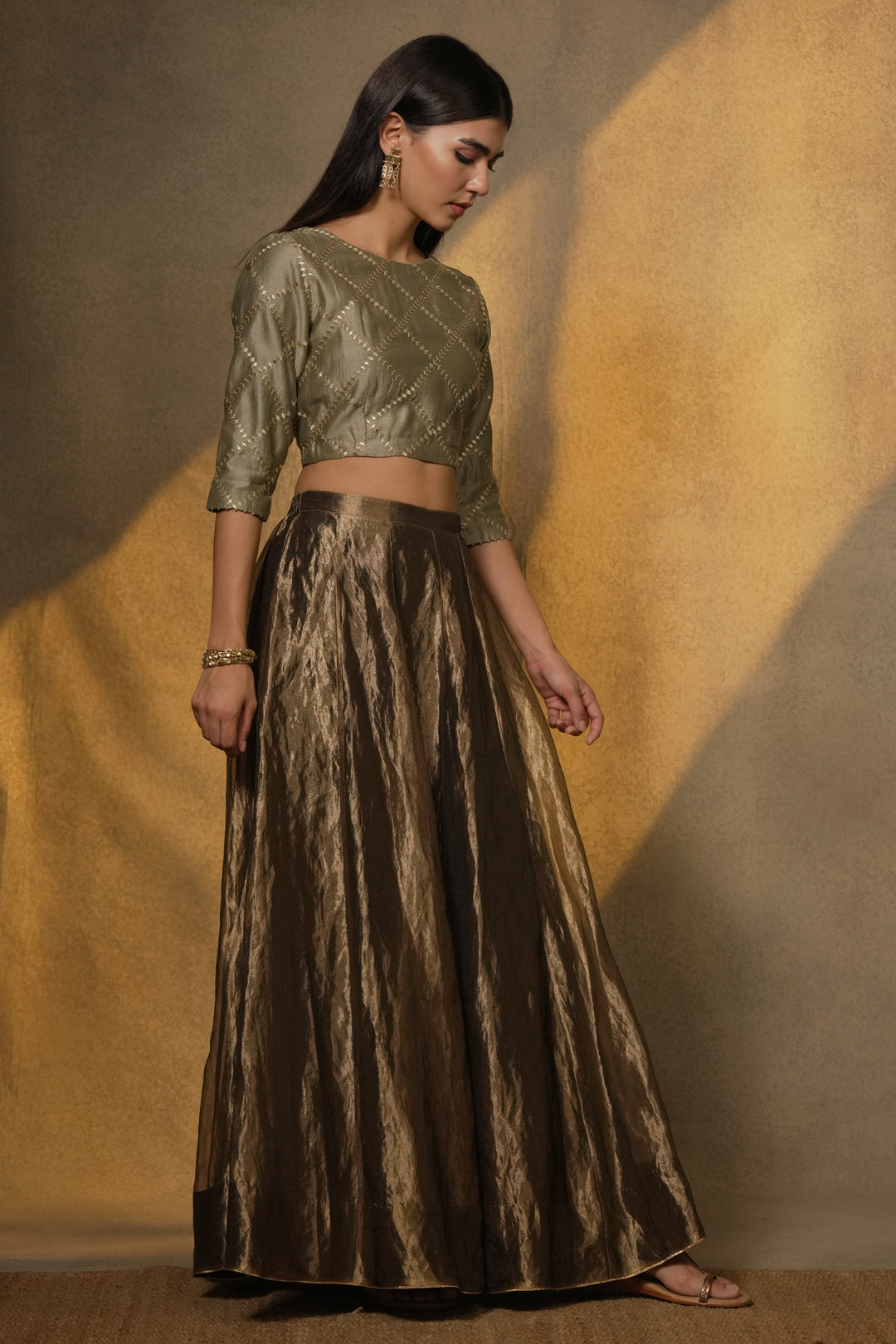 Veg Embroidered Chanderi Blouse with Tisssue Lehenga and Dupatta