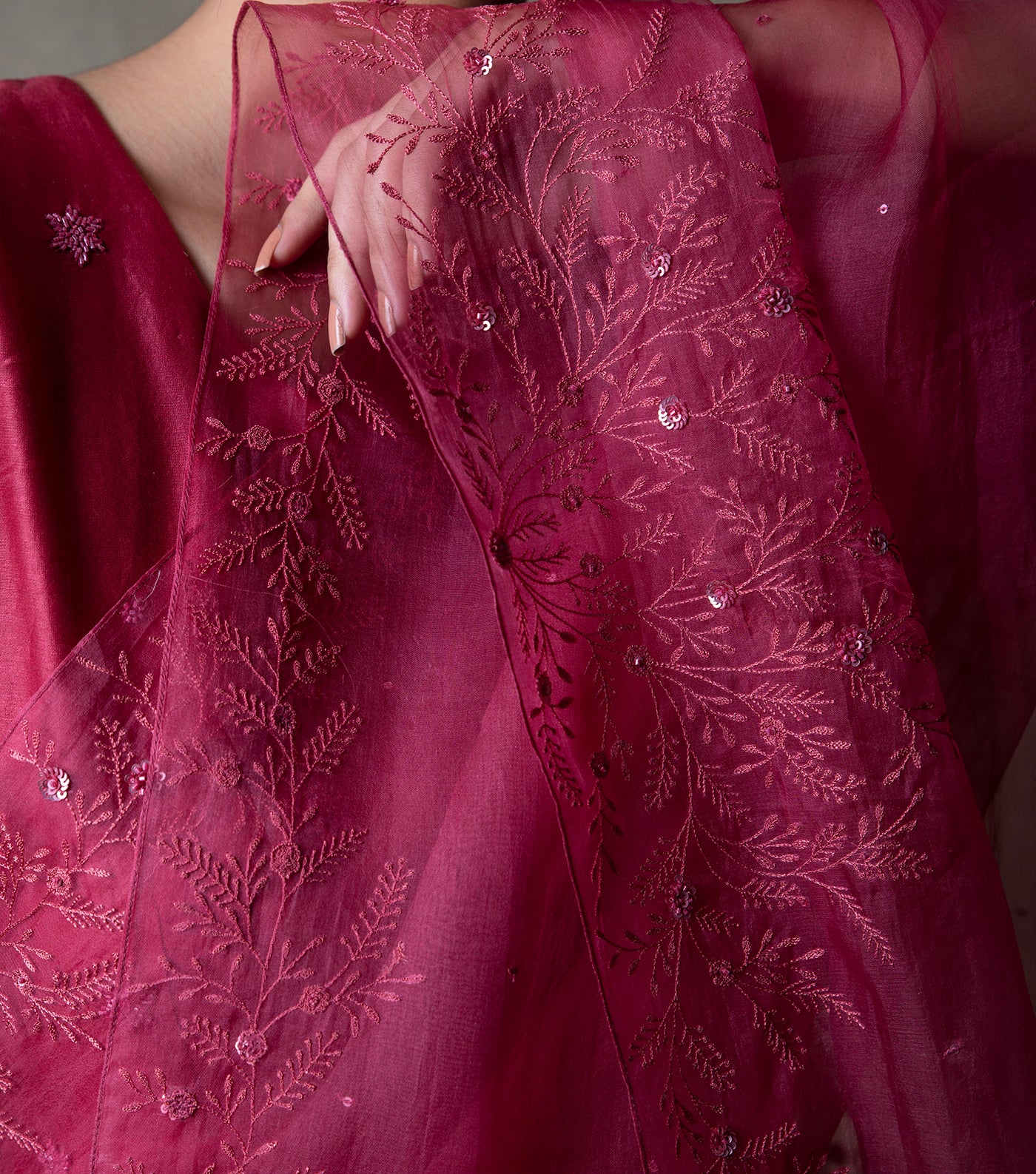 Rose Pink Hand Embroidered Organza Saree