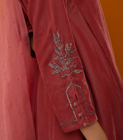 Old Rose Embroidered Velvet Suit Set