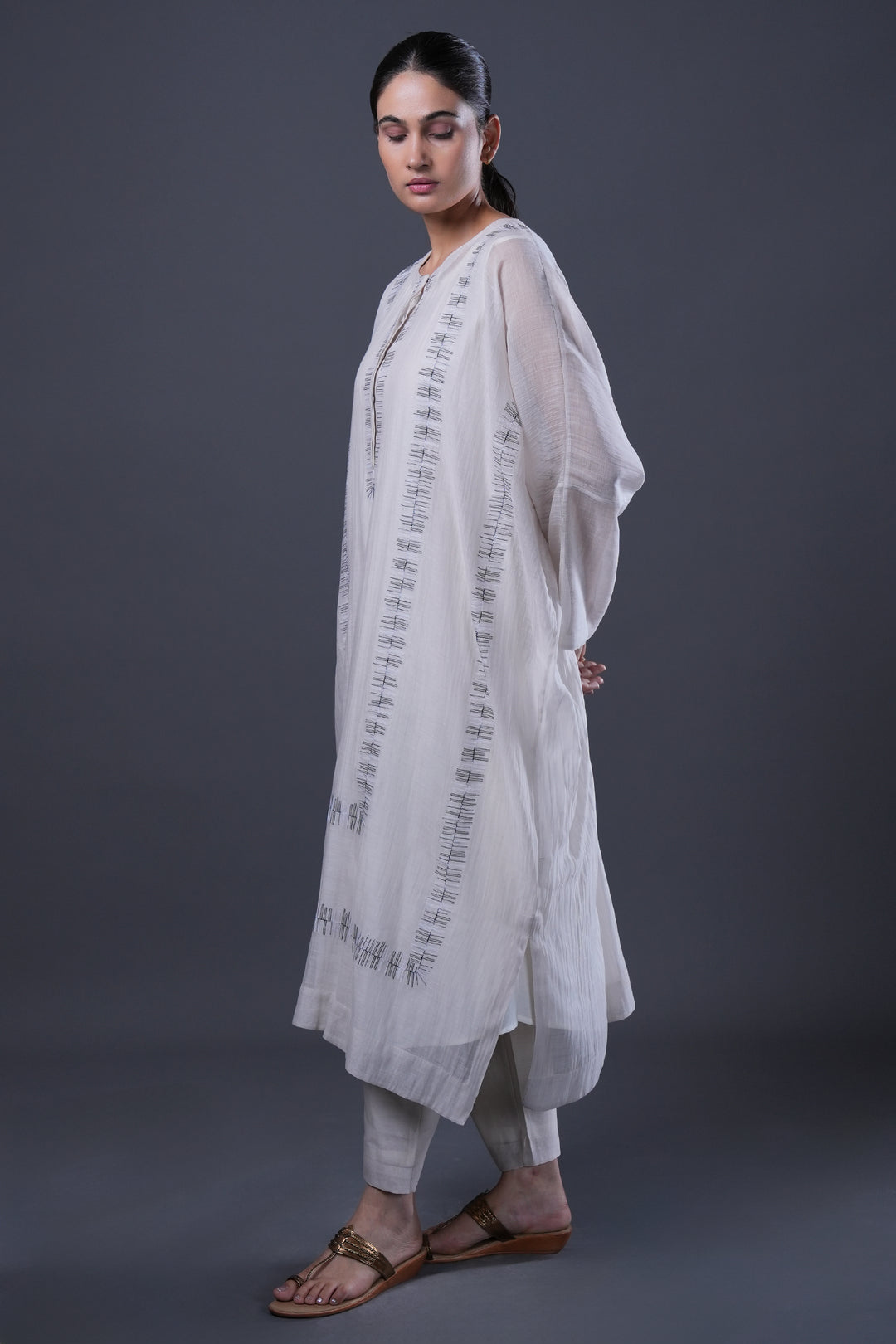 Ivory Embroidered Chanderi Kaftan with Cotton Slip