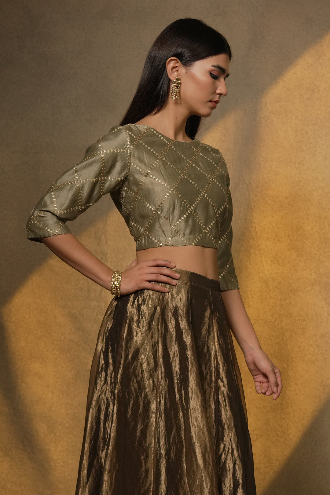 Veg Embroidered Chanderi Blouse with Tisssue Lehenga and Dupatta