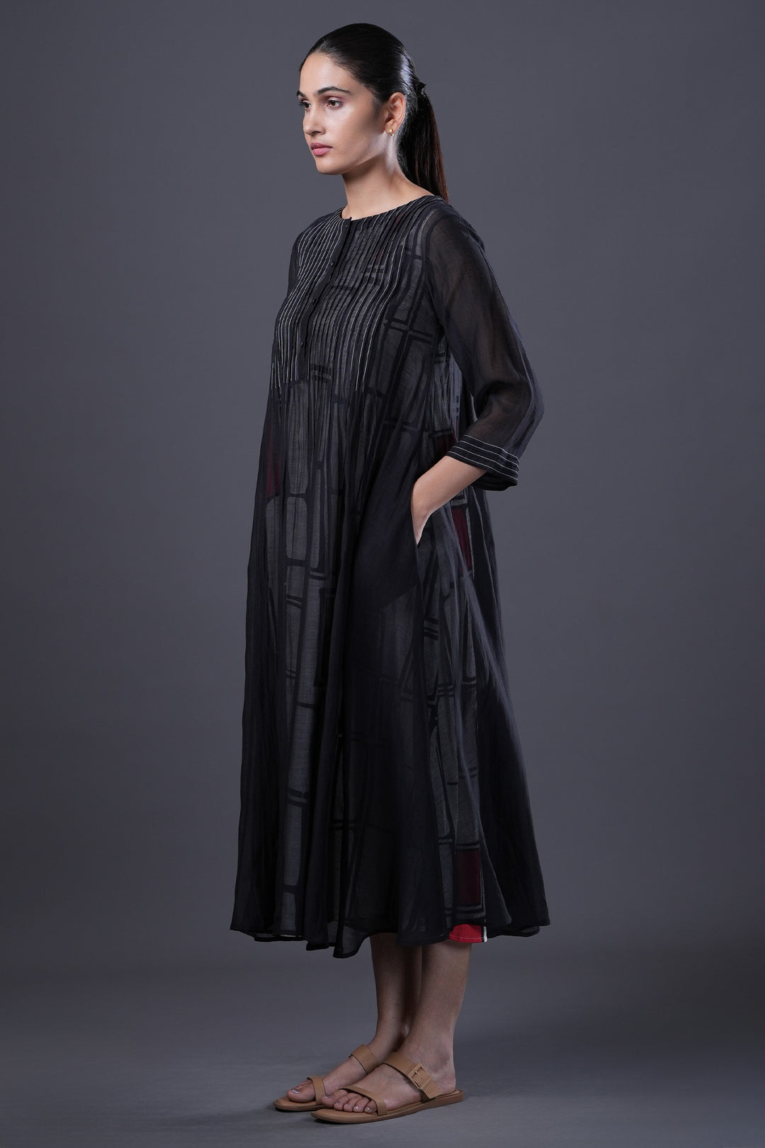 Black Pintucked Chanderi Dress with Geometric Printed Slip