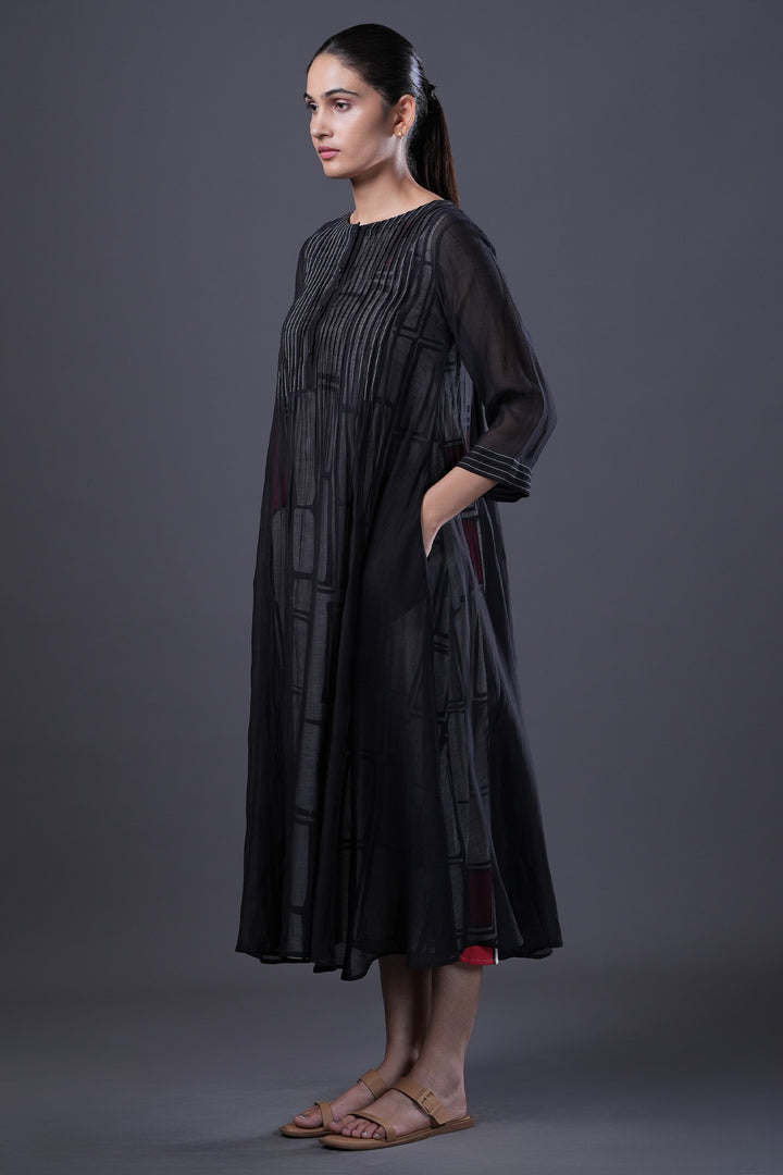 Black Pintucked Chanderi Dress with Geometric Printed Slip