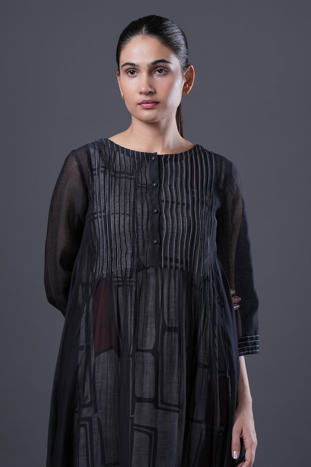Black Pintucked Chanderi Dress with Geometric Printed Slip