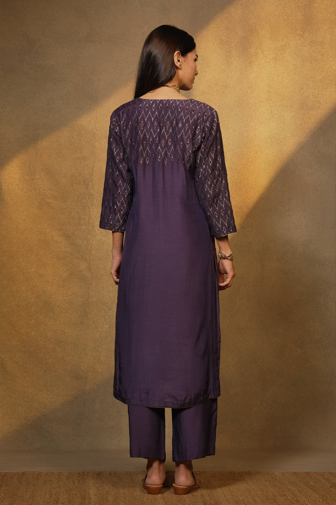 Purple Hand Embroidered Cotton Silk Kurta with Pants and Dupatta