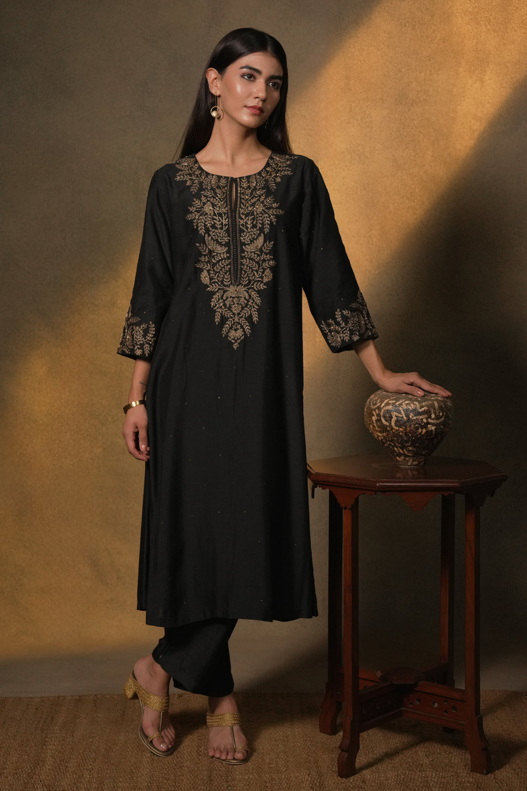 Black Hand Embroidered Cotton Silk Kurta with Pants and Organza Dupatta