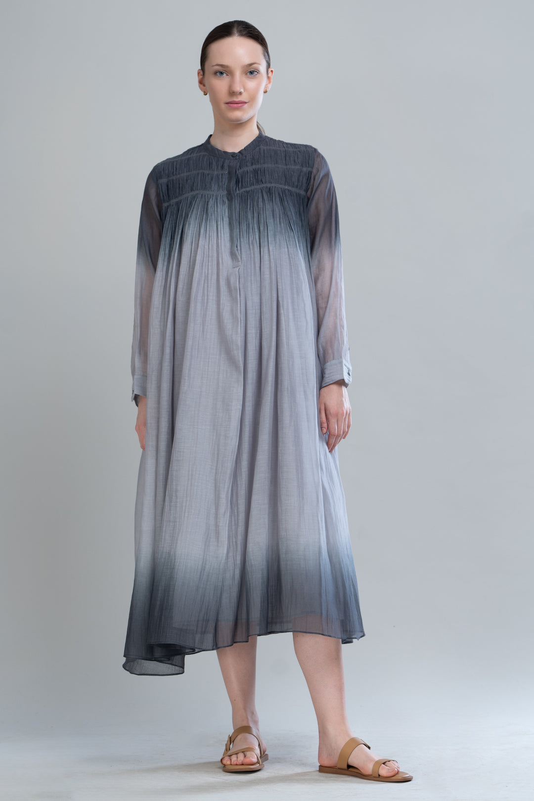 Black & Grey Ombre Thread Embroidered Cotton Silk Long Dress