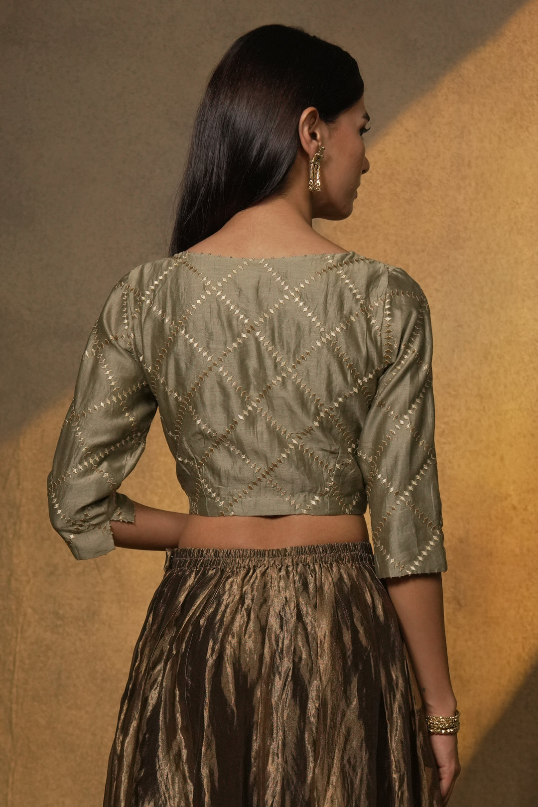 Veg Embroidered Chanderi Blouse with Tisssue Lehenga and Dupatta