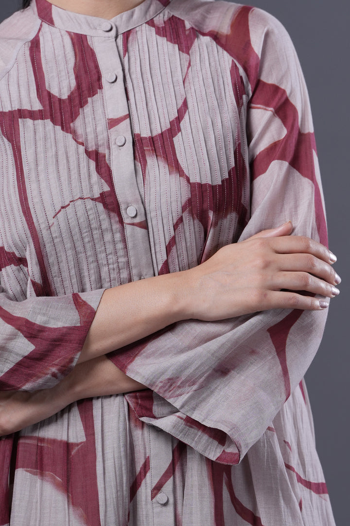 Beige and Red Abstract Print Pintucked Chanderi Dress