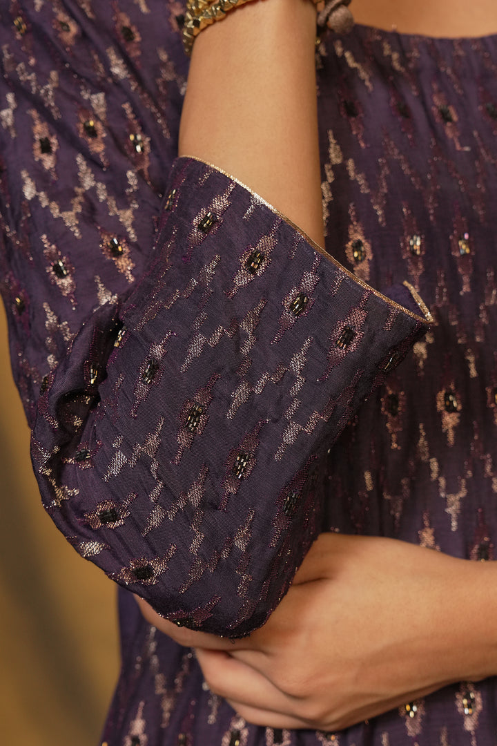 Purple Hand Embroidered Cotton Silk Kurta with Pants and Dupatta