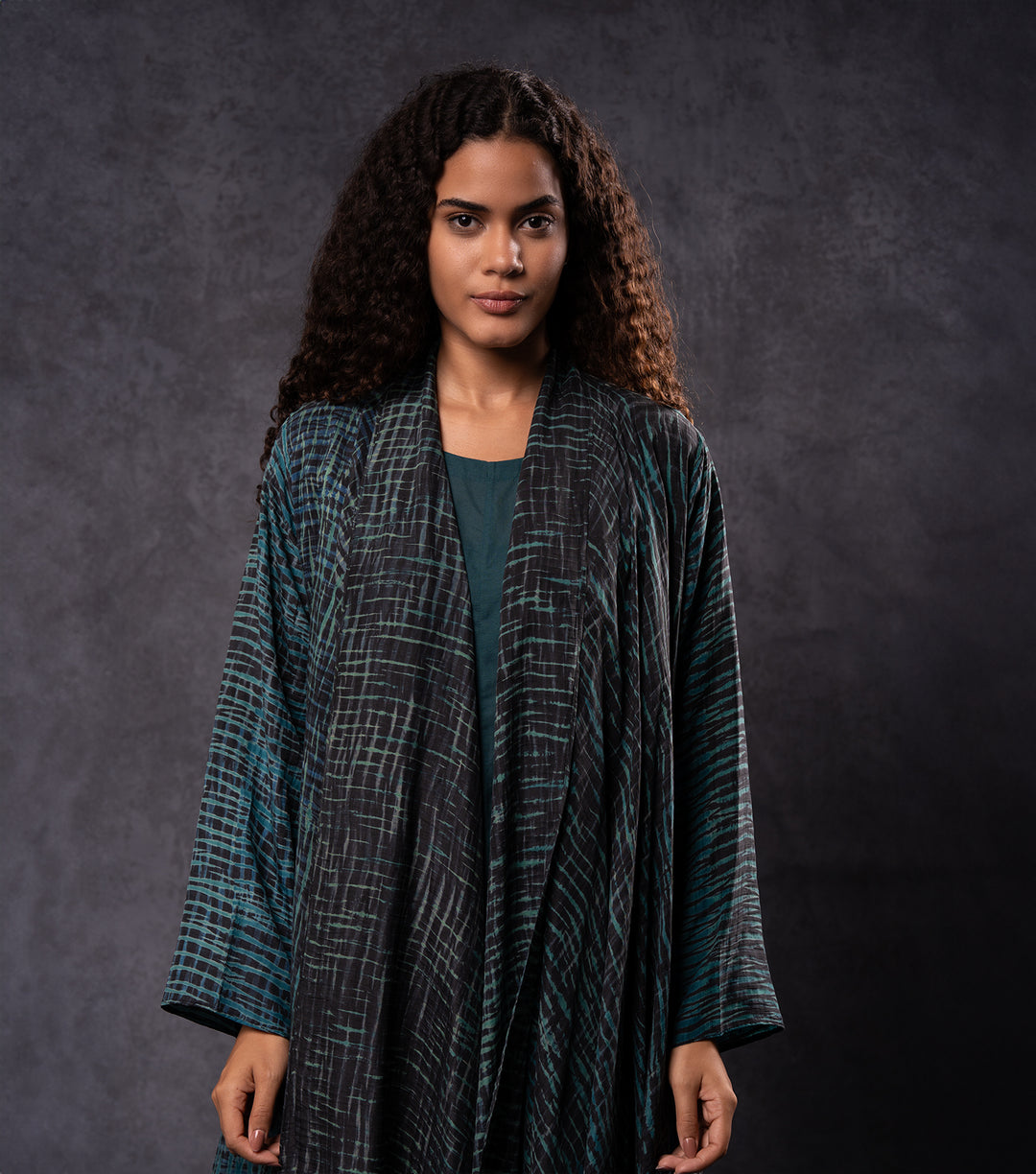Teal & Black Hand-Dyed Shibori Silk Cape Set