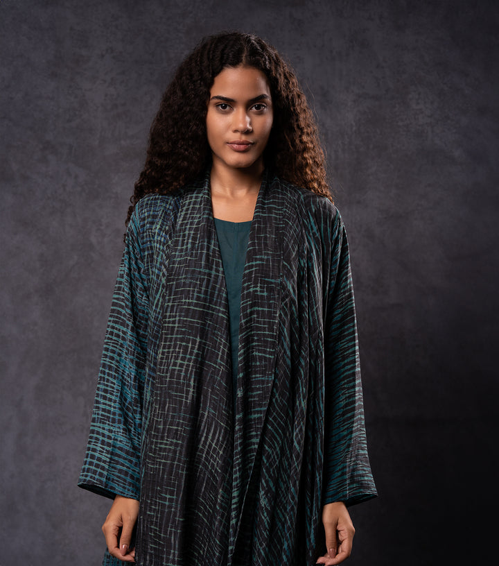 Teal & Black Hand-Dyed Shibori Silk Cape Set