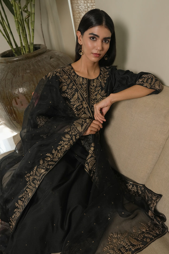 Black Hand Embroidered Cotton Silk Kurta with Pants and Organza Dupatta