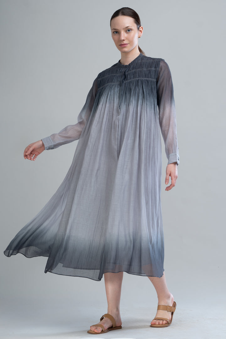Black & Grey Ombre Thread Embroidered Cotton Silk Long Dress