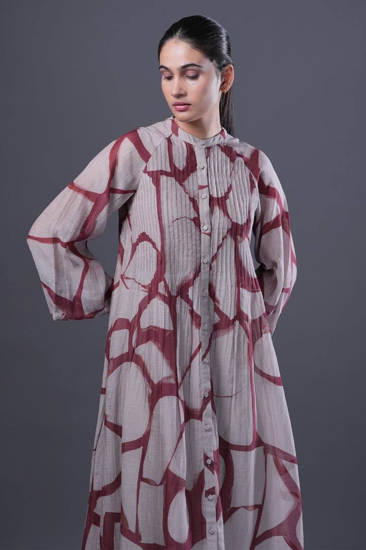 Beige and Red Abstract Print Pintucked Chanderi Dress