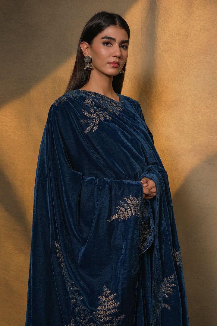 Turquoise Velvet Kurta with Pants and Organza Dupatta