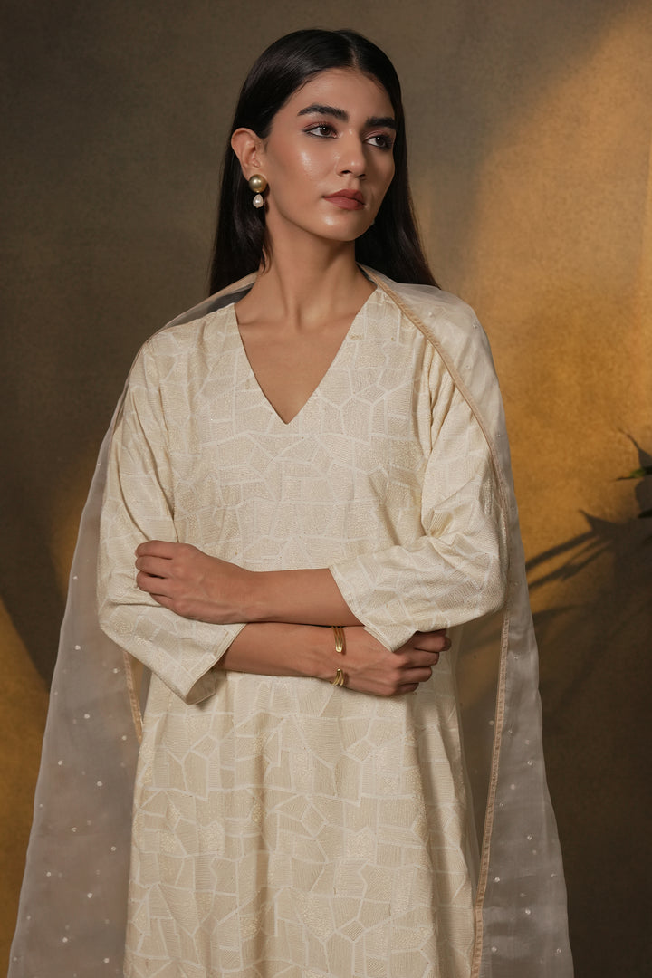 Natural Embroidered Cotton Silk Kurta with Dupatta and Pants