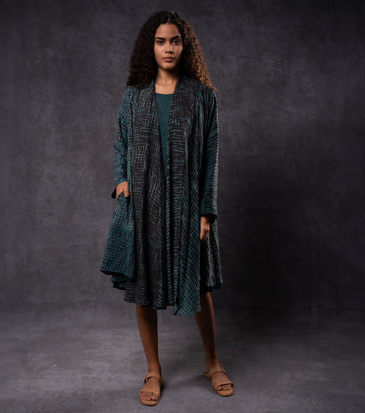 Teal & Black Hand-Dyed Shibori Silk Cape Set