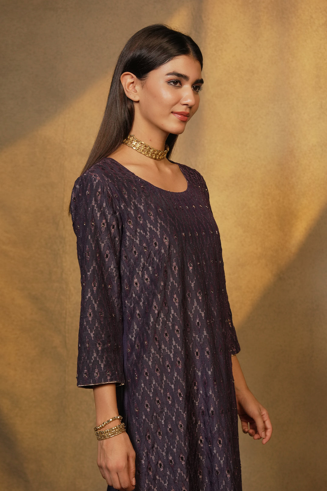 Purple Hand Embroidered Cotton Silk Kurta with Pants and Dupatta