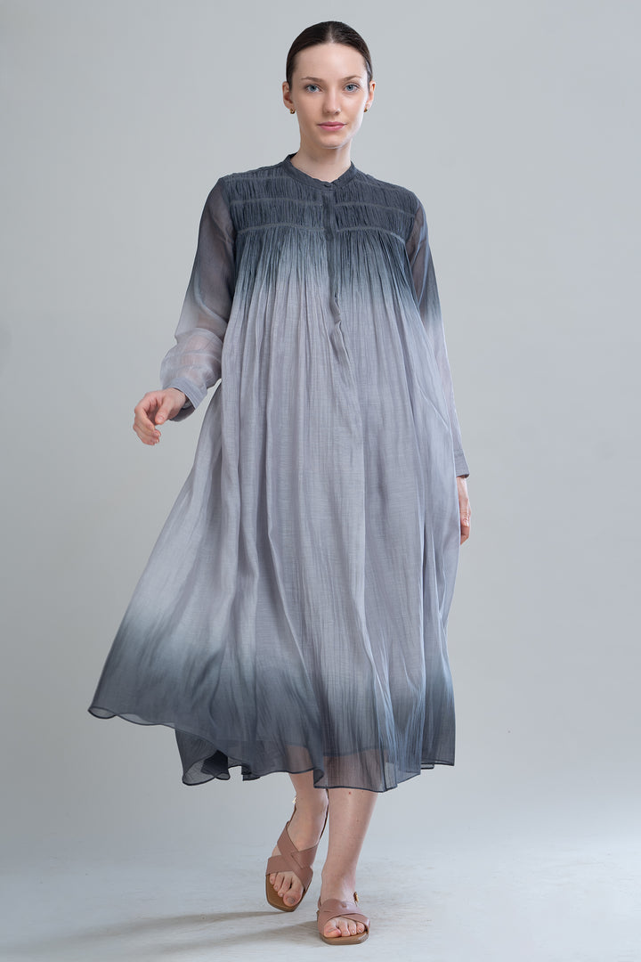 Black & Grey Ombre Thread Embroidered Cotton Silk Long Dress