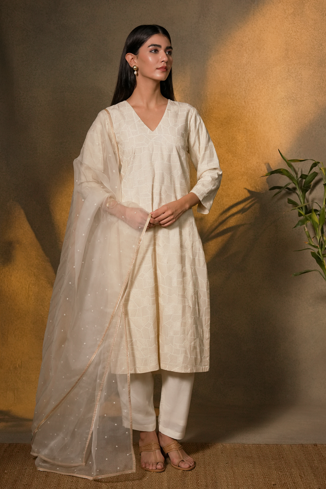 Natural Embroidered Cotton Silk Kurta with Dupatta and Pants