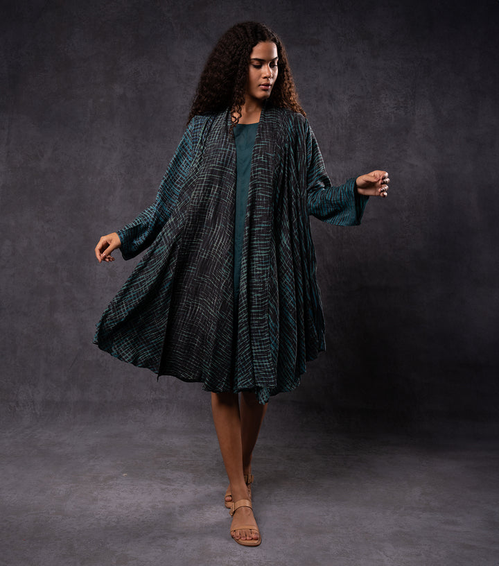Teal & Black Hand-Dyed Shibori Silk Cape Set