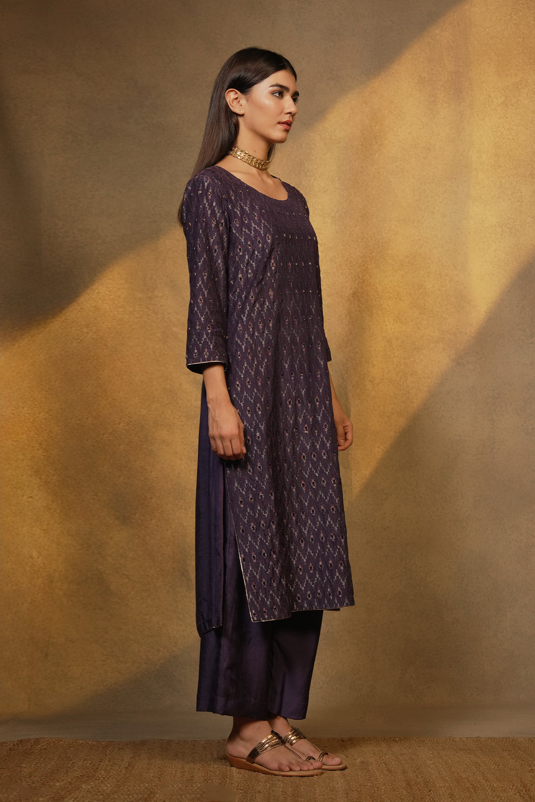 Purple Hand Embroidered Cotton Silk Kurta with Pants and Dupatta