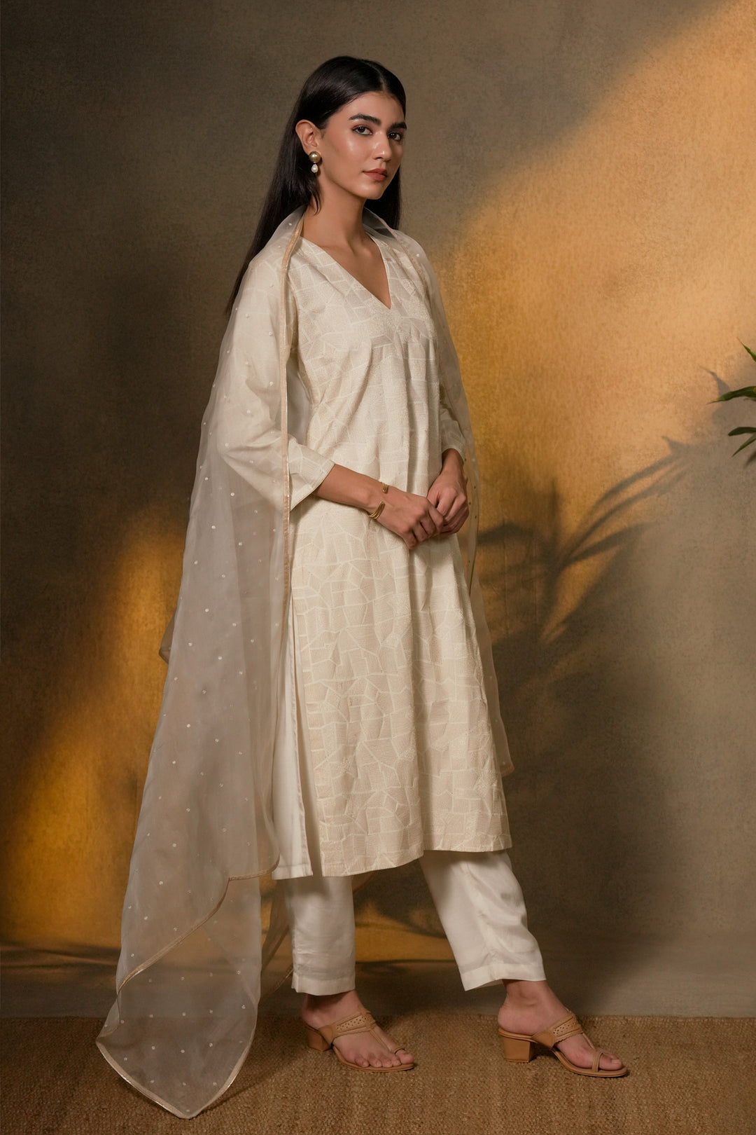 Natural Embroidered Cotton Silk Kurta with Dupatta and Pants