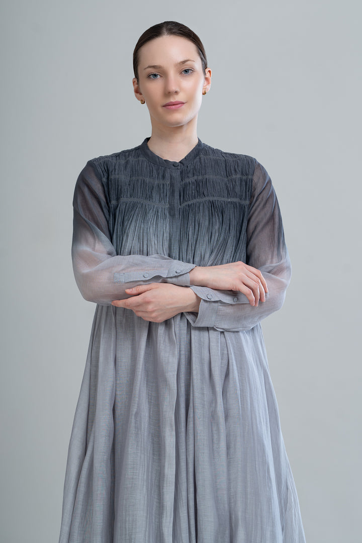 Black & Grey Ombre Thread Embroidered Cotton Silk Long Dress