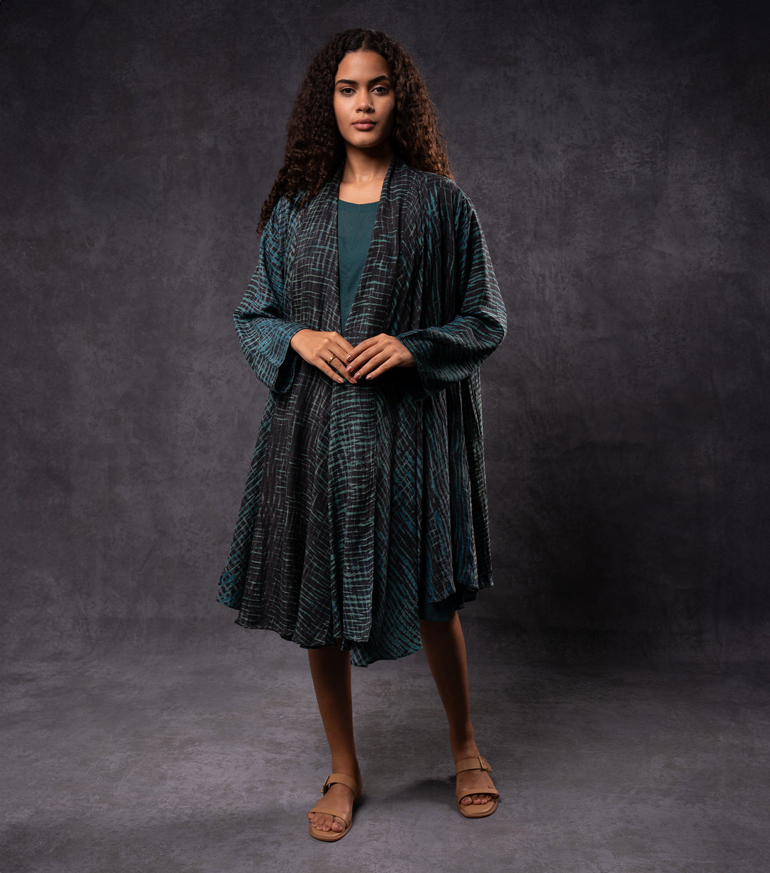 Teal & Black Hand-Dyed Shibori Silk Cape Set
