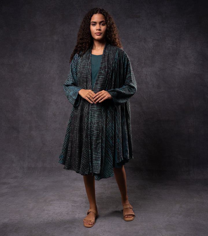 Teal & Black Hand-Dyed Shibori Silk Cape Set