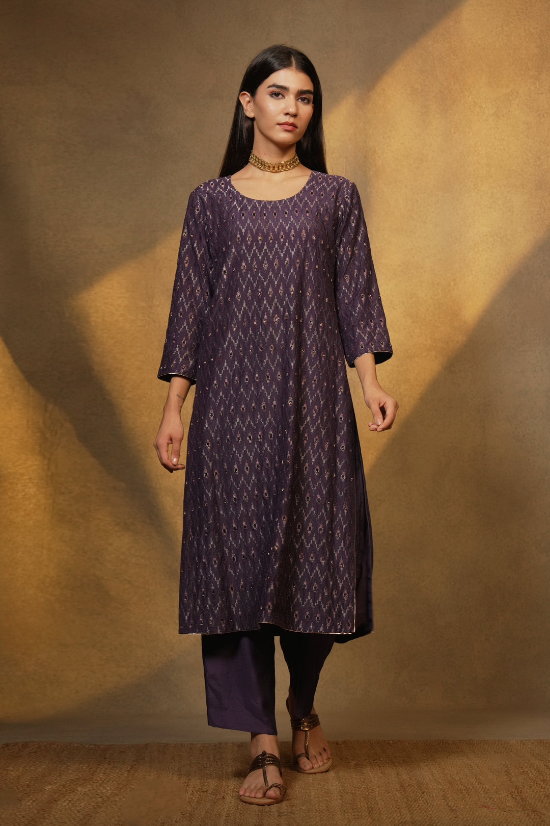 Purple Hand Embroidered Cotton Silk Kurta with Pants and Dupatta
