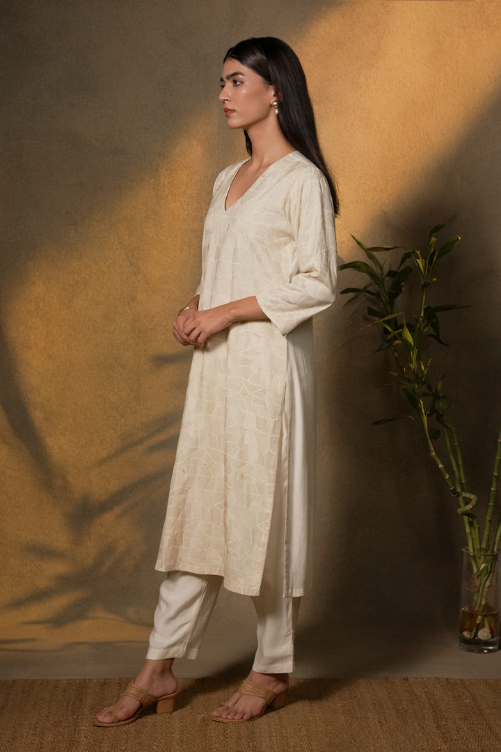 Natural Embroidered Cotton Silk Kurta with Dupatta and Pants