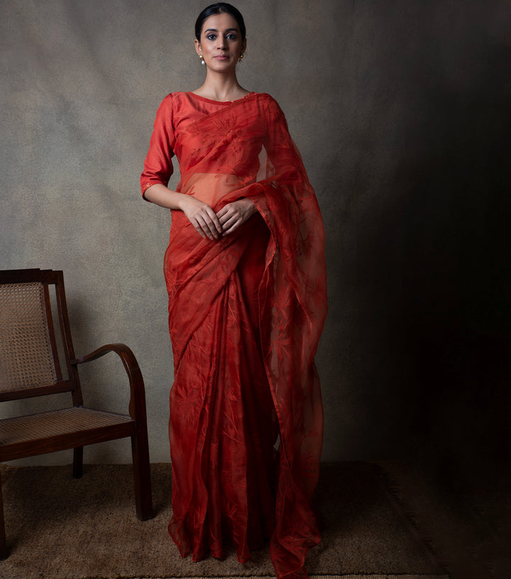 Rust Hand Embroidered Organza Saree