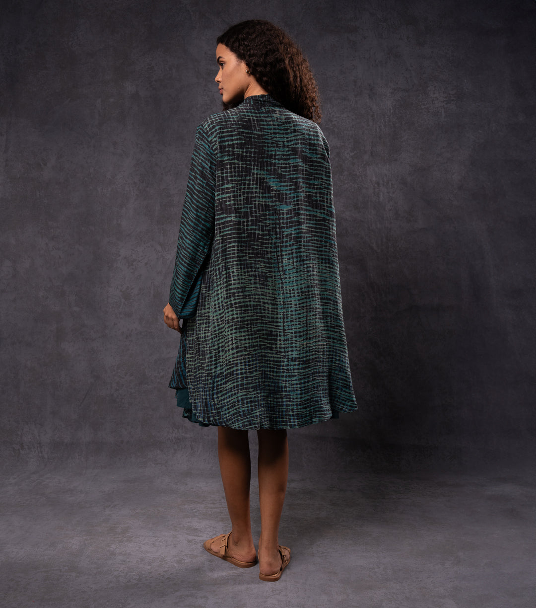 Teal & Black Hand-Dyed Shibori Silk Cape Set