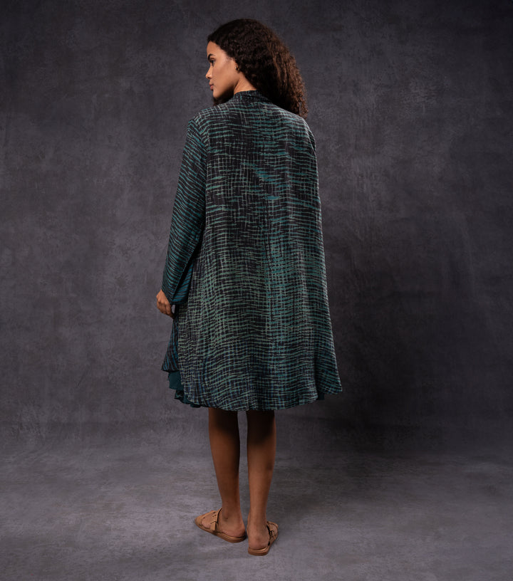 Teal & Black Hand-Dyed Shibori Silk Cape Set