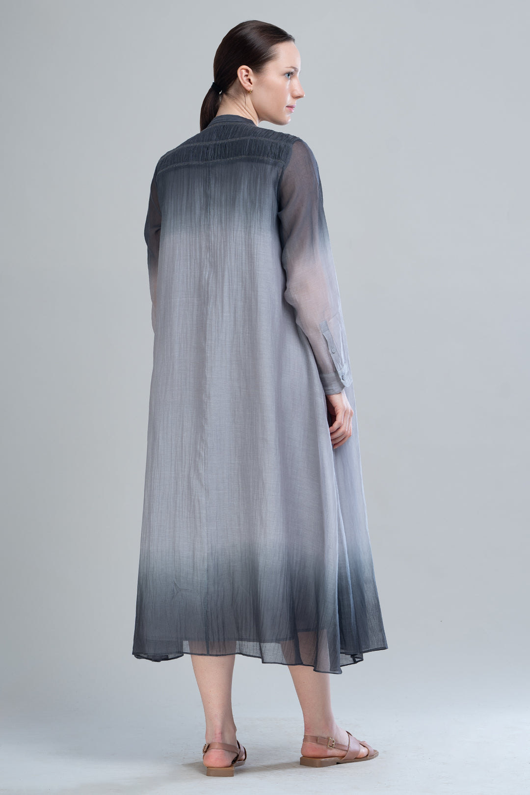 Black & Grey Ombre Thread Embroidered Cotton Silk Long Dress