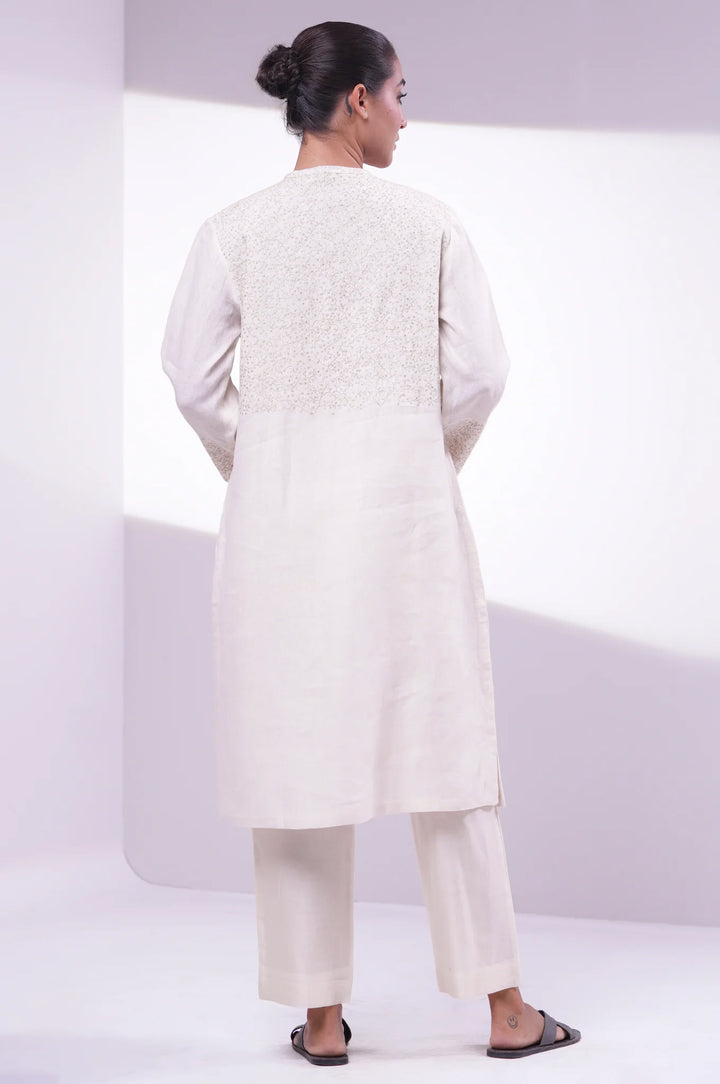 Ivory Embroidered Cotton Linen Kurta