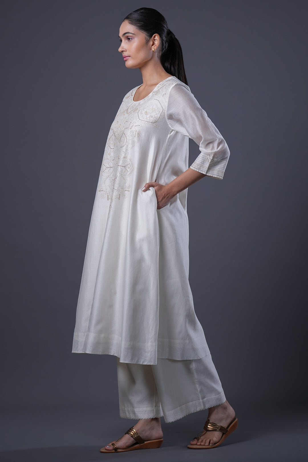 Natural Hand Embroidered Chanderi Kurta