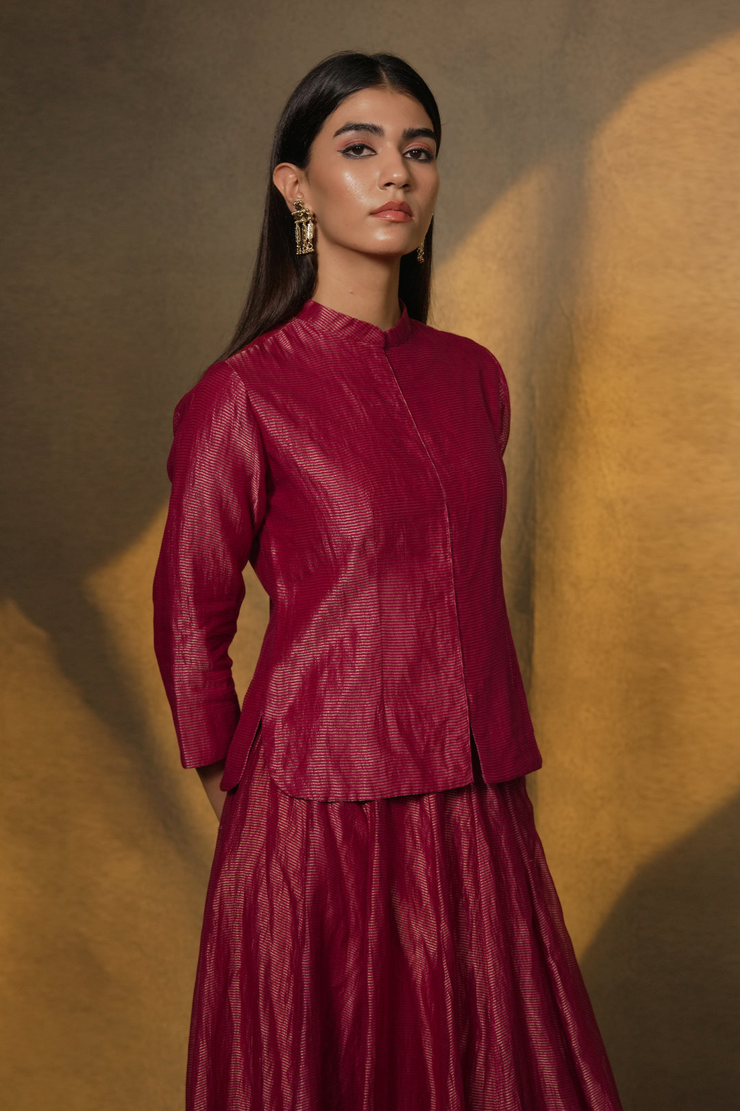 Magenta Pink Hand Embroidered Striped Tissue Skirt