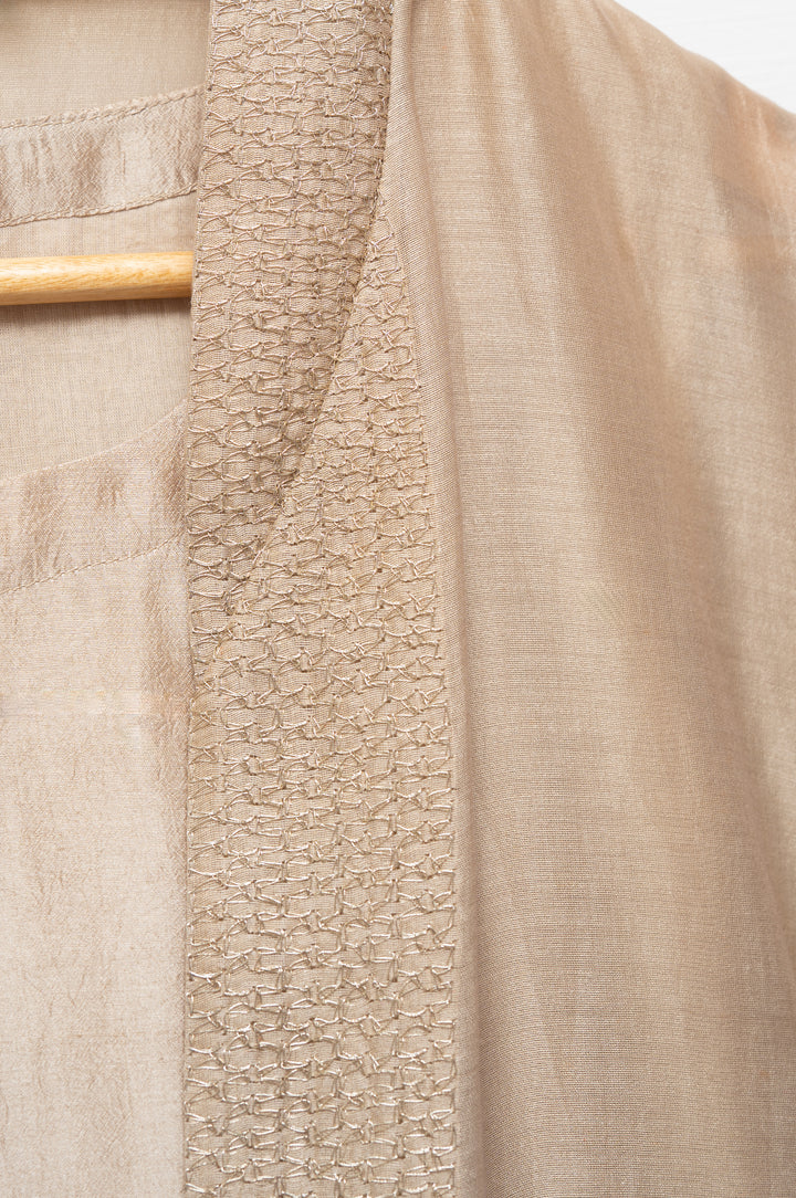 Beige Hand Embroidered Chanderi Cape with Silk Dress and Palazzo