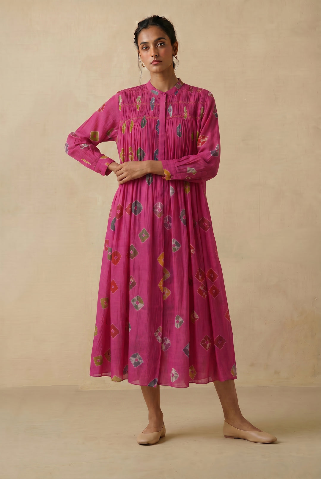 Pink Bandhani Chanderi Dress
