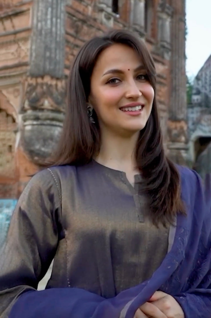 Navy Blue Tissue Flared Kurta & Palazzo Pants Set