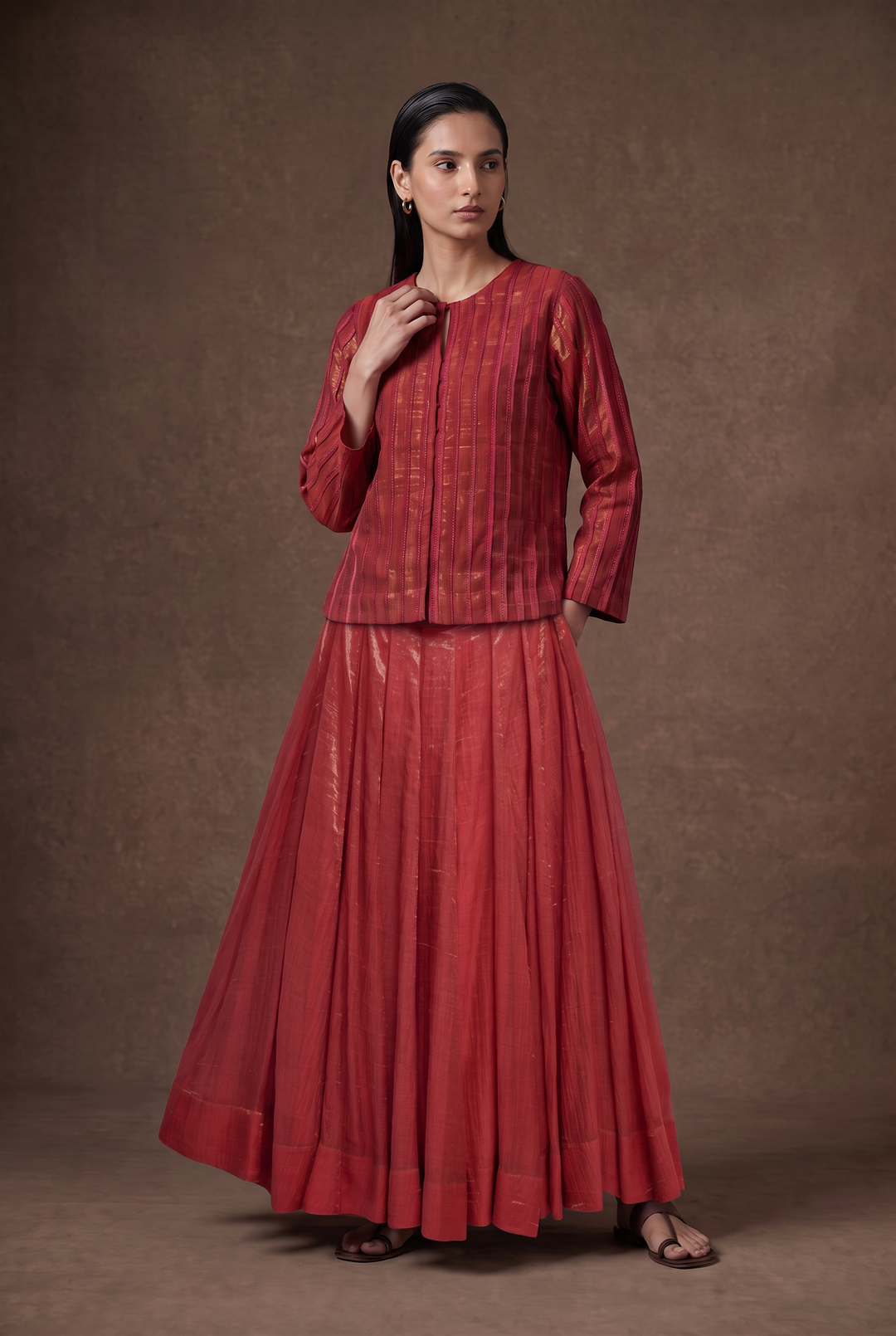 Coral Hand-Embroidered Tissue Lehenga Set